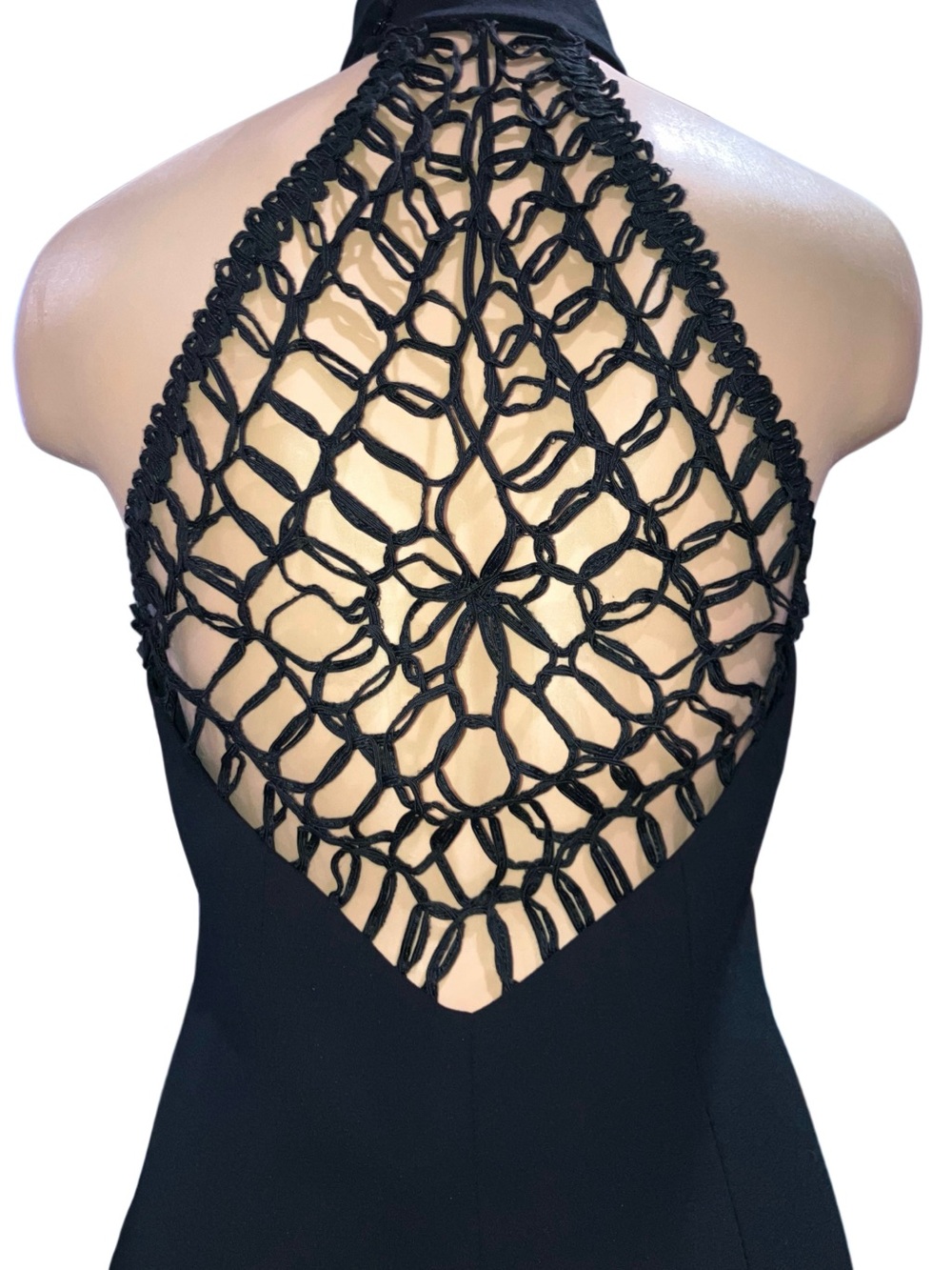 Vintage 90s Laundry by Shelli Segal Black Crochet High Neck Halter Dress Sz 6 - Picture 6 of 10